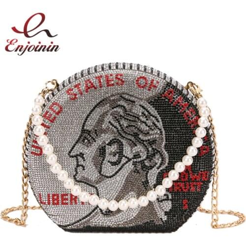 Luxury Diamond Dollar Coin Design Party Clutch Bag Purses and Handbags for Women Pearl Handle Evening Bag Shoulder Chain Bag