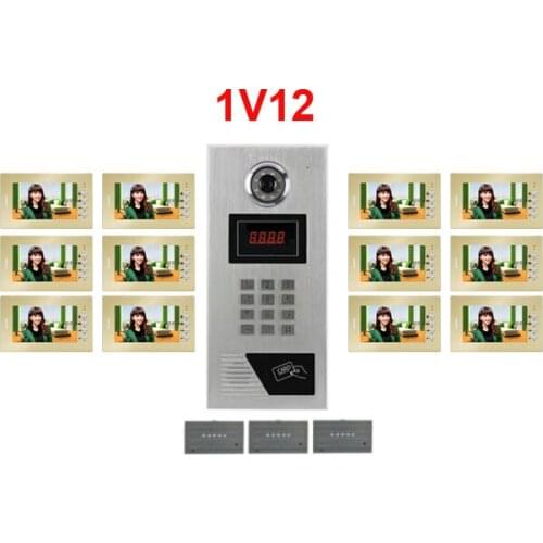Available Building Video Intercom System 7" LCD Video Door Phone FRID Panel CCD Outdoor Camera 12-Apartments Video Doorbell