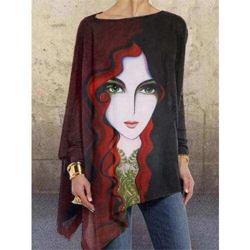 T Shirt Women Vintage Abstract Character Print Long Sleeve Lrregular Shirts Long Sleeve Oversized O Neck Patchwork Long Top