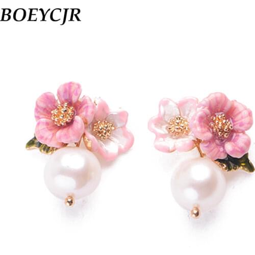 BOEYCJR Elegant Enamel Flower Simulated Pearl Stud Earrings Handmade Fashion Jewelry Vintage Earrings for Women Gift