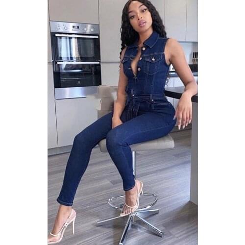 2021AfricanWomen Rompers Outfits Jeans Overalls Sexy Sleeveless Lace-up Stretch Casual Denim Jumpsuit Female One Piece Playsuits