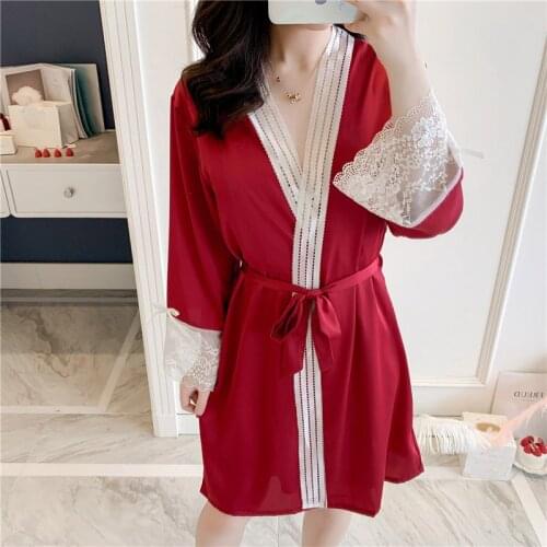 Red Women silk Robe Bride Bridesmaid Wedding Robes Set Lace Trim Sexy Sleep Suit Nightdress Nightgown Sleepwear Lounge FG065
