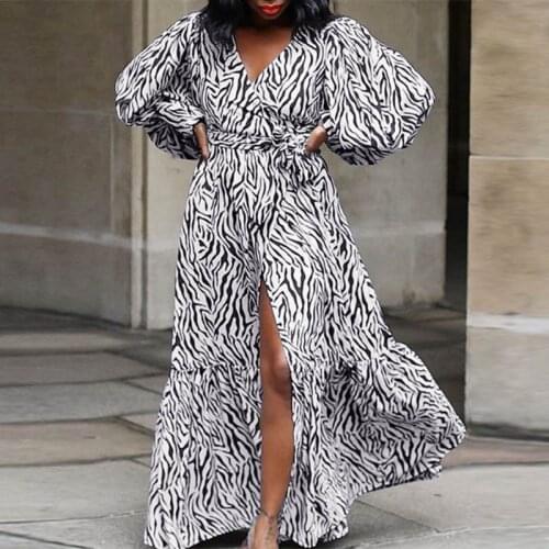 Women Long Maxi Dress VONDA 2021 Autumn Long Sleeve Leopard Printed Pleated Vestidos Loose V Neck Puff Sleeve Beach Sundress
