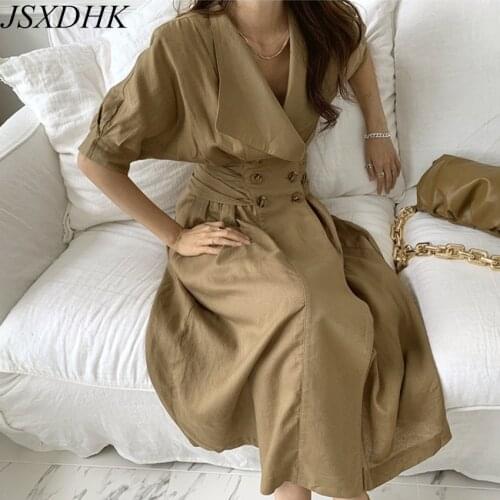 2021 New Summer Design Summer Notched Collar Dress Elegant Double-Breasted Lace Up Bow Short Sleeve Long Slim Dress Chic Female