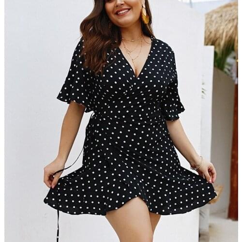 Women Sexy Dressess Plus Size 6XL 7XL 8XL V Neck Short Sleeve Dot Print Loose Chiffon Dresses Ladies Casual Large Dress