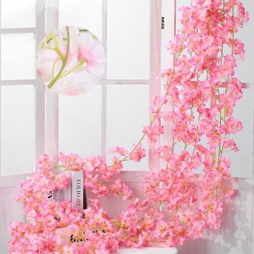 1PC Simulated Cherry Blossom Rattan Artificial Flower Garland Vine Wall Hanging Rattan Fake Plant Wedding Party Garden Decor