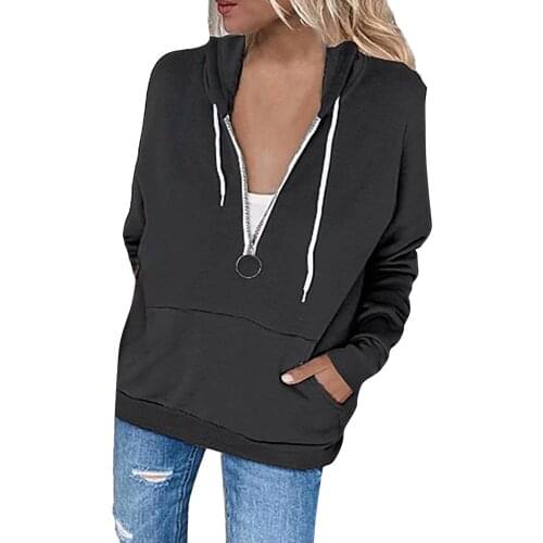 2021 Winter Women Sweatshirt Hoodie Loose Casual Soild Hoodie V Neck Zipper Long Sleeve Pulloves Streetwear Women Sweat Femme