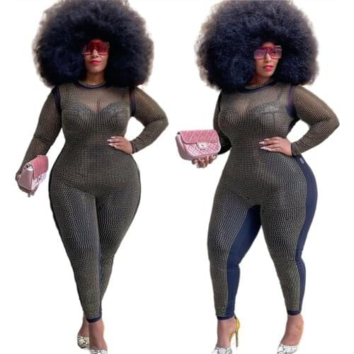 Plus Size 5xl Jump Suits for Women Wholesale Sexy Party Mesh Diamonds Bodycon Club Birthday Bodysuit Fall Clothes Dropshipping