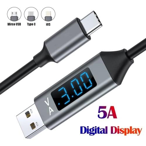 Fast Charging Cable Micro USB/Type C/Lightning Quick Charger Wire Voltage and Current Display Data Sync for Mobile Phone