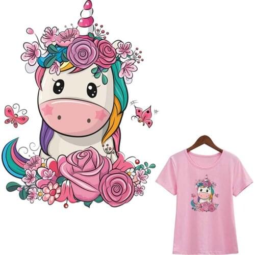 Flower Applique Unicorn Heat Print On T-Shirt Dresses Sweater Garment Diy Washable Parches Patches For Backpack Hoodies