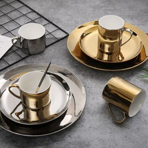Ceramic Breakfast Plate Coffee Mug Nordic Golden Dinnerware Set Pastry Dish Dessert Tray Luxury Water Mug Tea Cup Saucer 1pcs