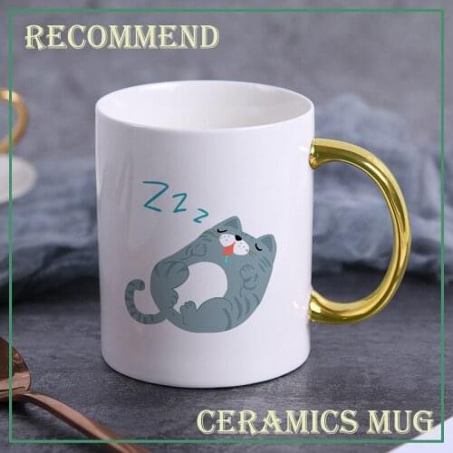 Ceramic Coffee Mug Milk Cup Drinkware Sleeping kitten Pattern Teacup Simple Creative Mugs Gold handle cup KTDW-056