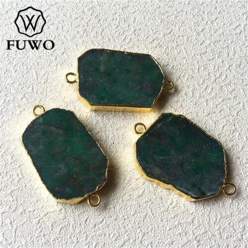FUWO Fashion Irregular Green Agates Connector With Gold Trimmed Raw Stone Jewelry Findings Wholesale 5 pieces / lot PD220