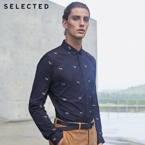 SELECTED mens pure cotton Slim Fit 100% Cotton Embroidered Long-sleeved Shirt | 419305564