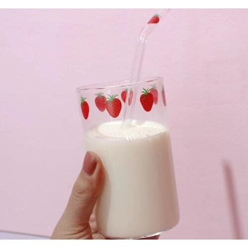 Cute Strawberry Glass Cup Transparent Kawaii Water Cup Girls Students for Coffee Milk Juice With Straw