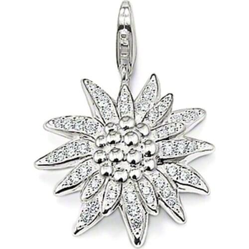 Silver White Zirconia Edelweiss Charm Pendants, Trendy Bracelet Chain Necklace Accessories Pendant Jewelry Bijoux Gift for Women