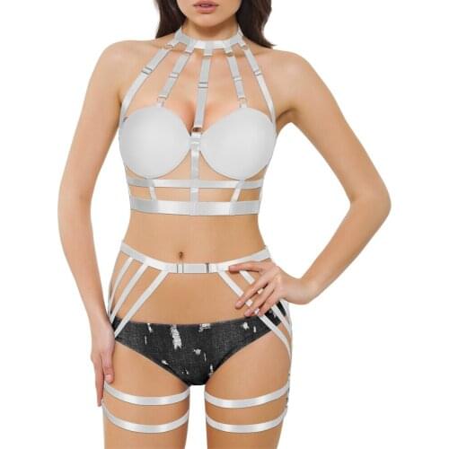 Hanging Neck Garter Belt Bra Cup Bondage Chest Thigh Goth Punk Adjust Waistband Suspender Sexy Lingerie Dance Rave Body Harness
