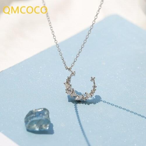 Simple Trendy Design 925 Silver Irregular Glisten Moon Pendant Necklace For Women Birthday Party Zircon Necklace Accessories