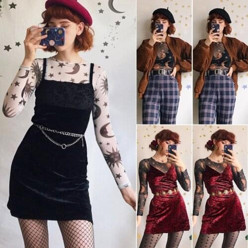 Sexy Women Sun Moon Printed See Through Transparent Mesh Crop Tops Black White Long Sleeve Sheer Slim Ladies Round Neck T-Shirt