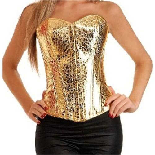 Sexy Faux Leather Overbust Corset gold Corsets 2017 Clubwear Burlesque Costume Lace up Boned Carnival Top Shirt S-2XL
