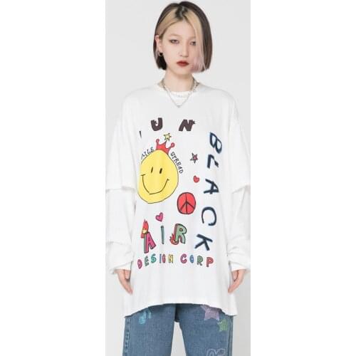 Hip Hop Men And Women Sweatshirt Smiley Graffiti Letter Print Loose Pullover Harajuku Punk Streetwear Oversized Cotton T Shirts