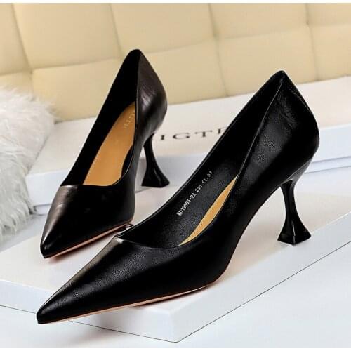 BIGTREE Ladies Shoes Beige Split Leather 7CM High Heel Pumps Women Shoes Sapato Feminino Footwear Size 34-40