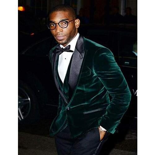Groomsmen Peak Black Lapel Groom Tuxedos Green Velvet Men Suits (Jacket+Pants+Tie+Vest)