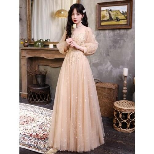 Woman Sequin Beading Evening Dresses Champagne Tulle Long A-line Prom Gown Elegant Square Neck Formal Party Dress