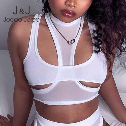 Jocoo Jolee Women Cut Out 2 Piece Crop Tops Sexy Hollow Out Tank Top Gothic Punk Streetwear Party Club Summer Solid Track Tops