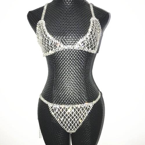 Silver Gold Shining Sexy Crystals Chains Bikini Bra Underwear Dance Wear Two Piece Set Party Dress Female Singer Costumes