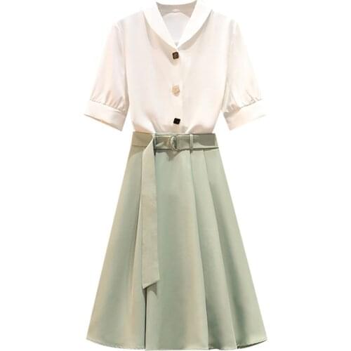 PERHAPS U Women Two Pieces Set White Shirt Short Sleeve Knee Length Skirt Green Turn Down Collar T0418
