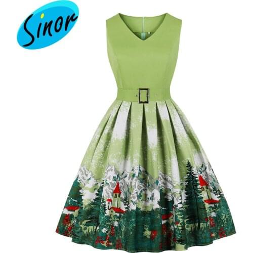 Womens dress 2021 casual print temperament waist down swing Christmas Dress 2238 banquet dress