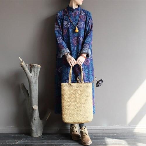 SCUWLINEN 2020 Winter Women Eastern Style Print Robe Vintage Jacquard Plate Buttons Thick Arctic Velvet Fleece Cotton Dress P307