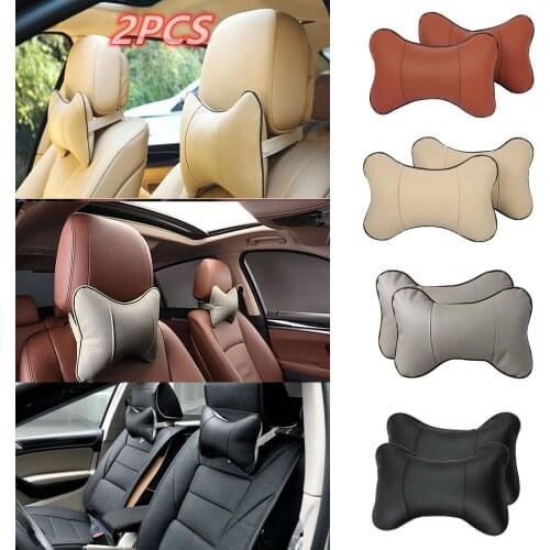 2PCS Car Neck Pillows Auto Headrest Filled Fiber For Head Pain Relief PU Leather Pillow Travel Car Seat & Home Car Accessories