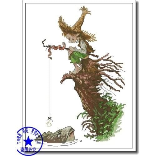Free delivery Top Quality beautiful lovely counted cross stitch kit fishing fish fairy little boy