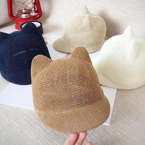 Cute Baby Straw Hat With Ears Summer Solid Children Panama Hat Outdoor Kids Boys Girls Baseball Cap
