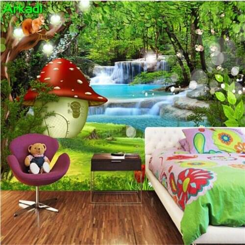 Custom 3D Photo Cartoon Childrens Room Green Dream Forest Waterfall Decorative Mural Living Room Sofa Background Wallpaper