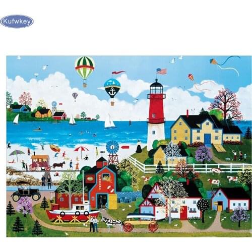 Cartoon Frameless Picture 5d diamond Painting,DIY diamond embroidery Canvas Oil Painting Europe Seaview Villa Home Decoration