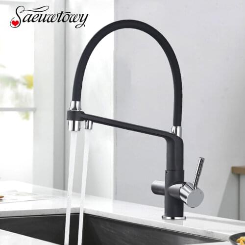 Brass Fliter Kitchen Faucet Deck Mounted Black Faucet Rotating 360 ° Rotate Kitchen with sprayer Mode Hot and Cold Mixer Crane