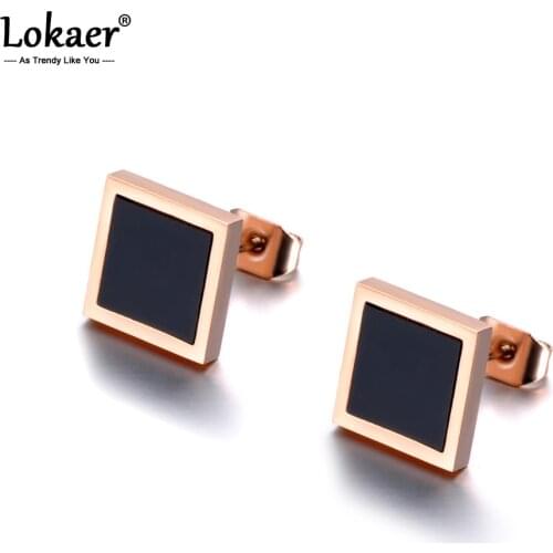 Lokaer Classic Black Acrylic Square Stud Earrings Rose Gold Color Stainless Steel Trendy Earrings Jewelry For Women Girls E19021