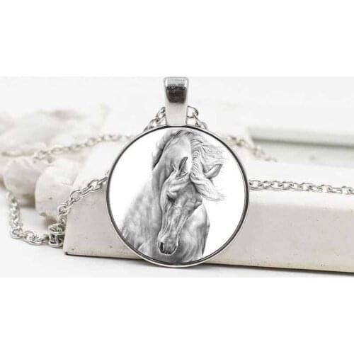 Fashion classic white horse depicting portrait pendant necklace glass pendant jewelry