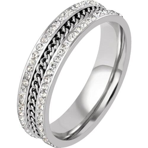 Fashion Crystals Rhinestones Stainless Steel Rings For Women Men Punk Chain Design Finger Rings Womens Jewelry Gifts