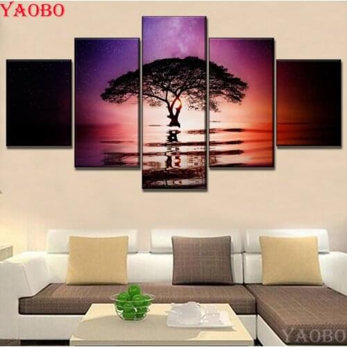 5 PCS Diamond Embroidery Full Square Round Diamond Painting Cross Stitch "Tree In Lake"Reflection Picture nature Scenery mozaik