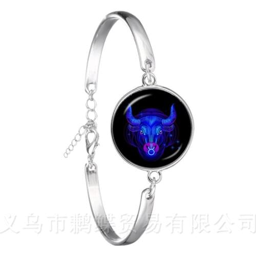 Aries/Taurus/Gemini/cancer/LEO/Virgo Zodiac Signs Bracelet 12 Constellations Cabochon Glass Time Gem Bangle Birthday Gift