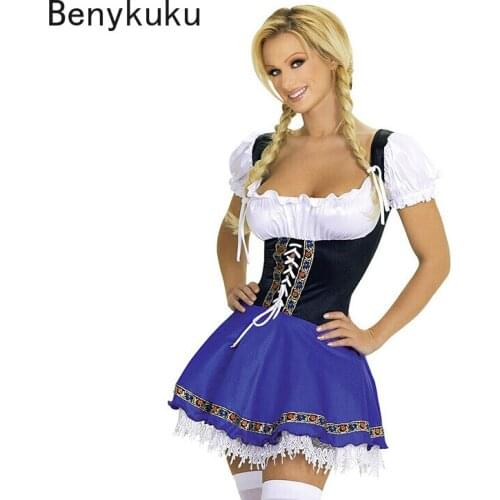 Sexy Blue Bavarian Traditional Party Oktoberfest Beer Girl Costume Ladies Wench Waitress Serving Maid Costume Dirndl Fancy Dress