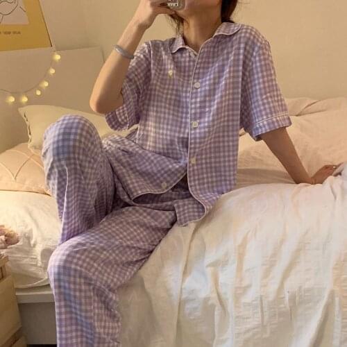 QWEEK Korean Homewear Women Girls Plaid Pajamas Summer 2021 Pyjamas Purple Pijamas Short Sleeve Top and Long Bottom 2 Piece Set