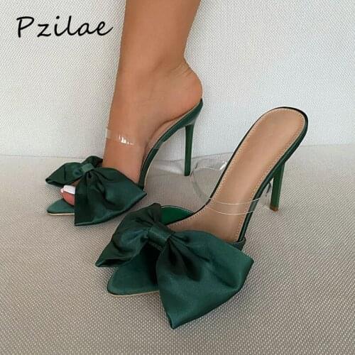Pzilae Womens Large Bow-knot Sexy Slippers Pointed Toe High Heel Stiletto Pumps Shoes Dress Party Ladies Slides Plus Size 35-42