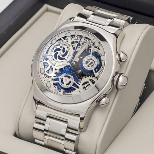 Reef Tiger/RT Men Chronograph Sport Watch Skeleton Dial With Date Stainless Steel Quartz Watch Crystal Glass Waterproof Clock