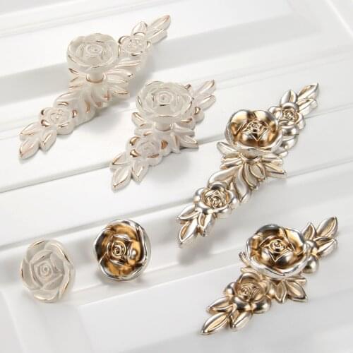 1set Antique Rose Cabinet Handle Door Drawer Dresser Cupboard Pull Silver White Knob Kitchen Ceramic Cabinet Alloy Knob Flower