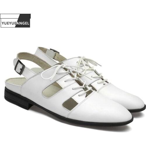 Harajuku Summer Men Lace Up Hollow Out Sandals Vintage Pointed Toe Business Casual Cow Leather Shoes Gladiator Beach Sandals